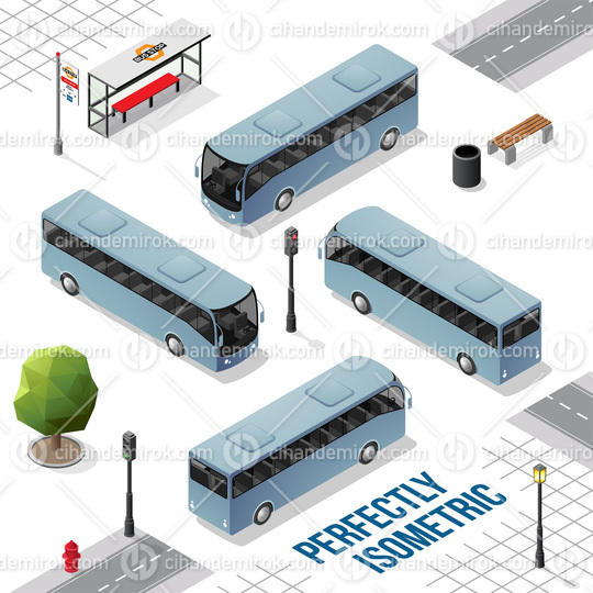Blue Grey Isometric Bus from the Front Back Right and Left