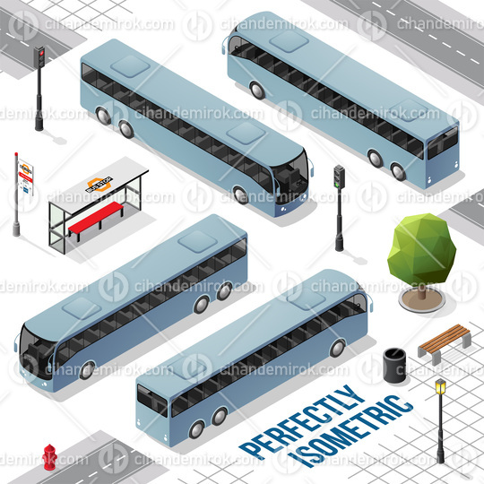 Blue Grey Long Isometric Bus from the Front Back Right and Left