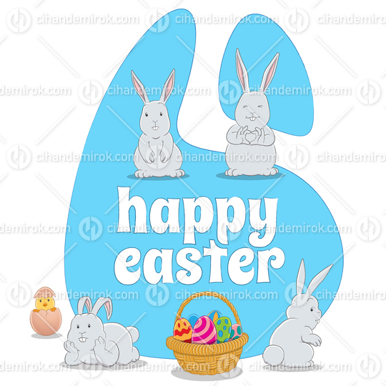 Blue Happy Easter Background with 4 Bunnies a Chick and Eggs Basket