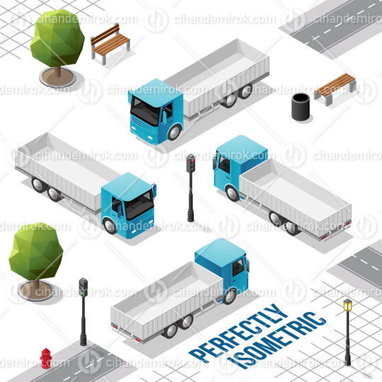 Blue Isometric Truck from the Front Back Right and Left Views