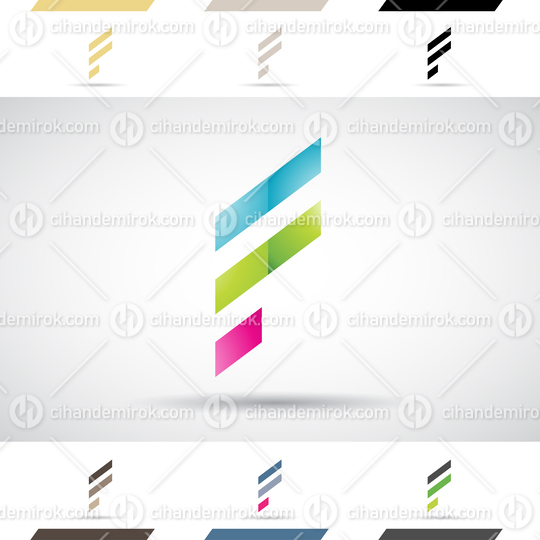 Blue Magenta and Green Abstract Glossy Logo Icon of Letter F with Skewed Striped Rectangles