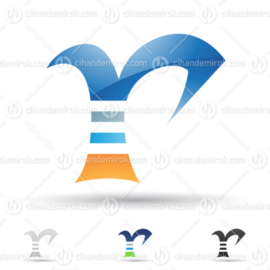 Blue Orange and Grey Glossy Abstract Logo Icon of Striped Lowercase Letter R