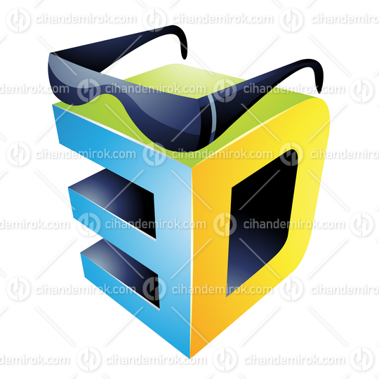 Blue Yellow and Green Cubical 3d Viewing Tech Symbol with Black 3d Glasses