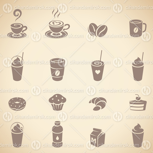 Brown Coffee and Breakfast Icons on a Beige Background
