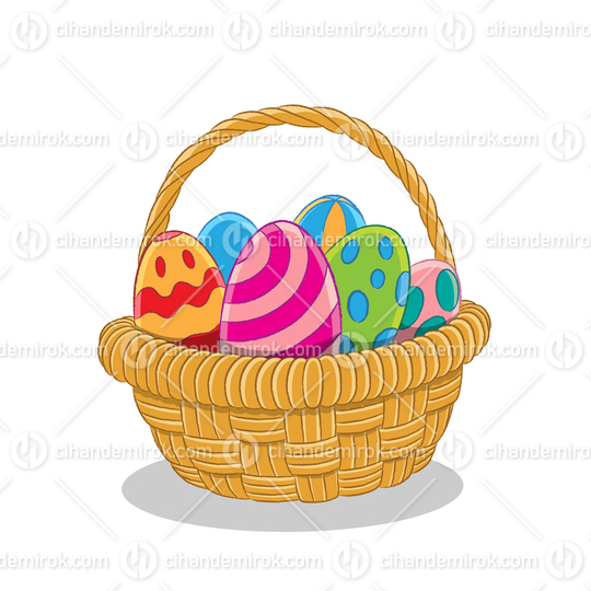 Brown Easter Basket with Colorful Painted Eggs Vector Illustration