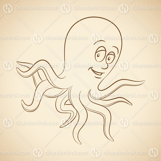 Brown Line Art Octopus Cartoon on a Beige Background
