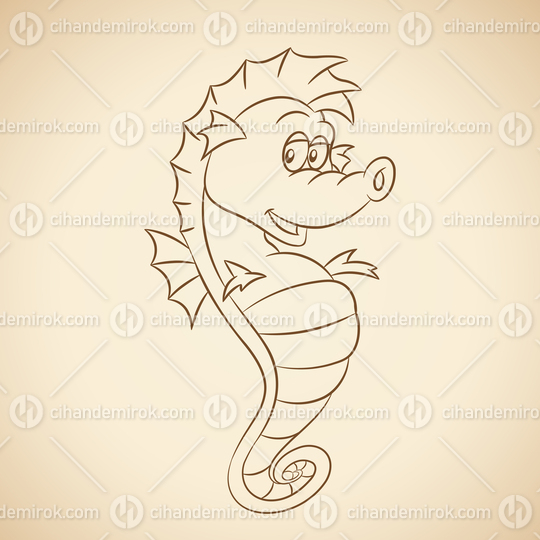 Brown Line Art Seahorse Cartoon on a Beige Background