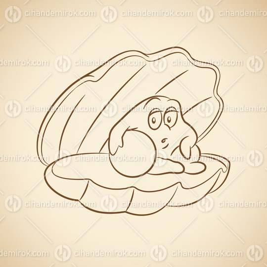 Brown Line Art Shell and Pearl Cartoon on a Beige Background