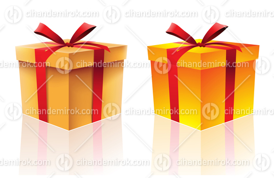 Brown, Orange and Yellow Gift Boxes with Red Ribbons
