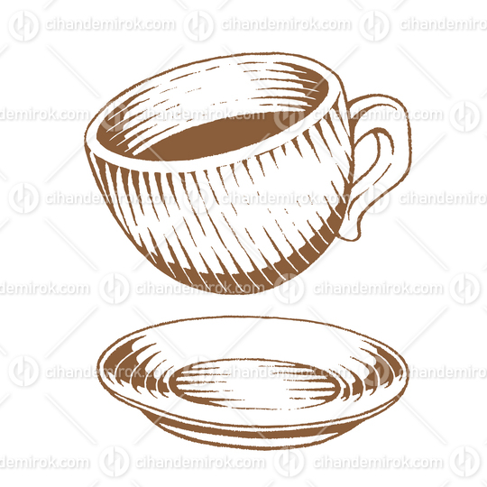 Brown Vectorized Ink Sketch of Coffee Cup and Saucer Illustration