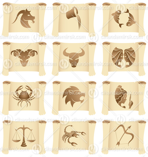 Brown Zodiac Star Signs on Old Scroll Manuscripts