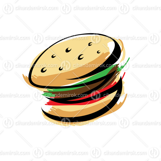Burger with Colorful Brush Strokes and Black Minimalist Outlines