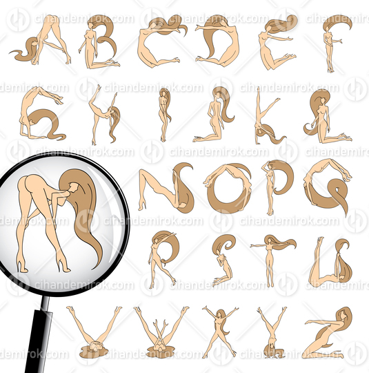 Cartoon Font of Attractive Girls with Letters of English Alphabet