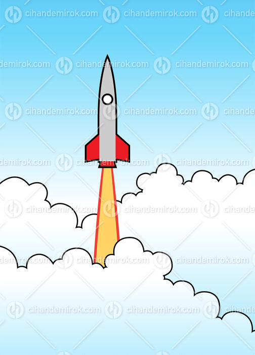 Cartoon Rocket Launch Over a Blue Sky
