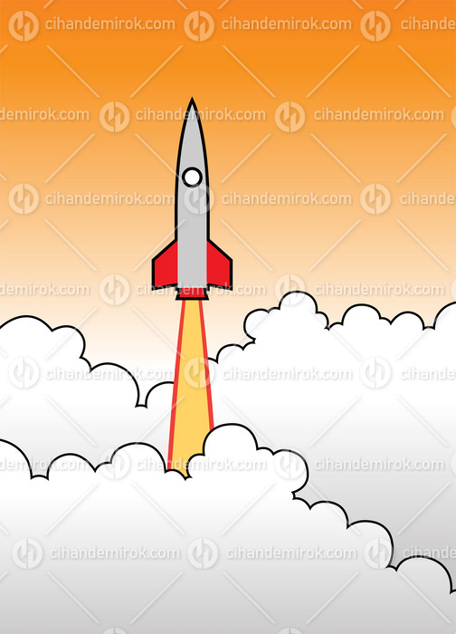 Cartoon Rocket Launch Over an Orange Sky