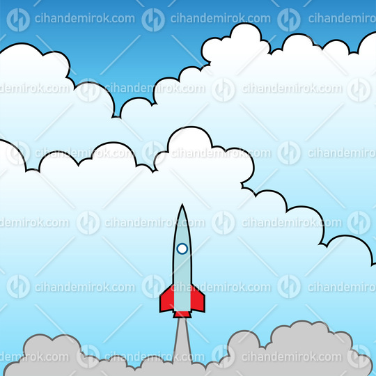 Cartoon Rocket Launches and Flies into the Clouds