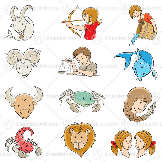 Cartoon Zodiac Signs isolated on a White Background