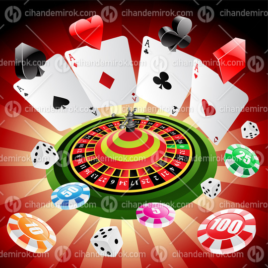Casino with Playing Cards, Roulette Chips and Dices