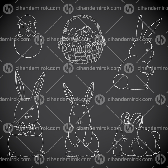 Chalkboard Vector Drawings of Easter Bunnies Eggs Basket and Chick