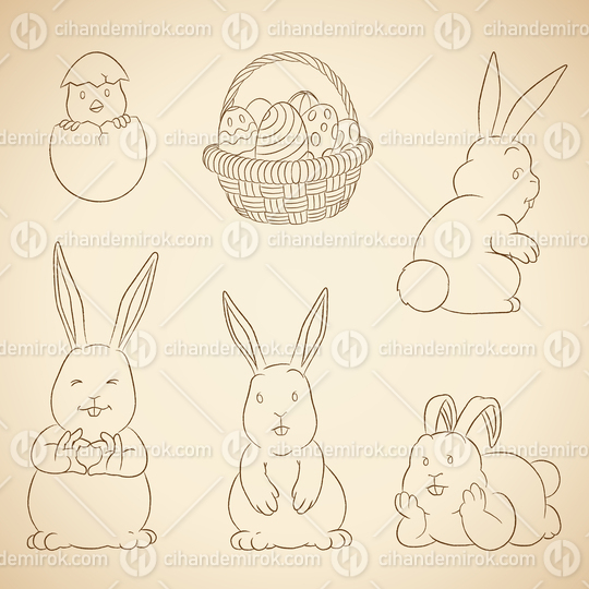 Charcoal Vector Drawings of Easter Bunnies Eggs Basket and Chick