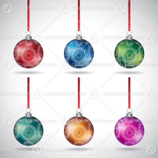 Christmas Balls with Ornamental Round Shapes and Red Ribbon