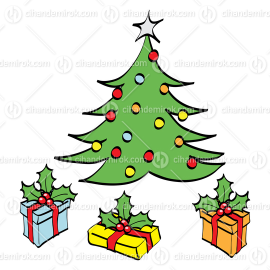 Christmas Tree and Gift Boxes with Holly Berries Cartoon