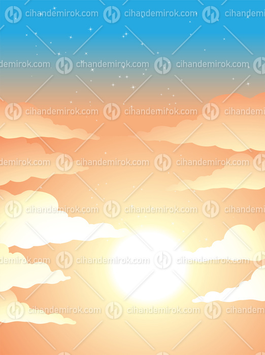 Cloudy Orange Sky with Bright Sun Light and Stars