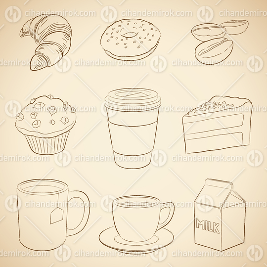 Coffee and Breakfast Icons on a Beige Background