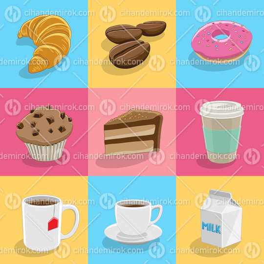 Coffee and Breakfast Icons on Colorful Backgrounds