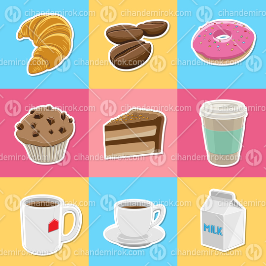 Coffee and Breakfast Sticker Icons on Colorful Backgrounds