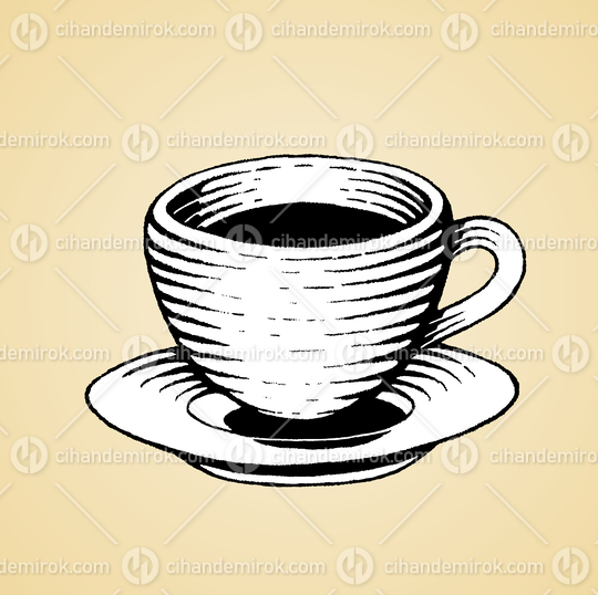 Coffee Cup, Black and White Scratchboard Engraved Vector