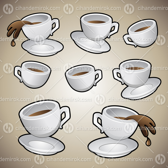 Coffee Cups with Saucers on a Light Brown Background