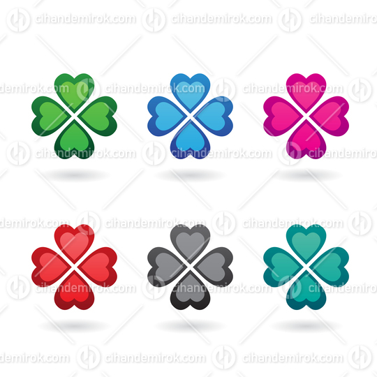 Colorful Abstract Heart Shaped Four Leaf Clover Icons
