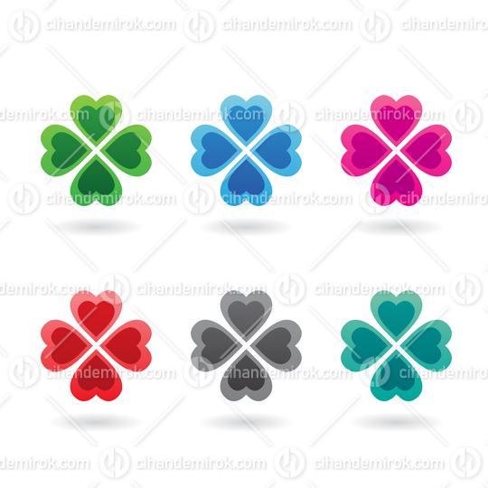 Colorful Abstract Heart Shaped Icons of Four Leaf Clovers