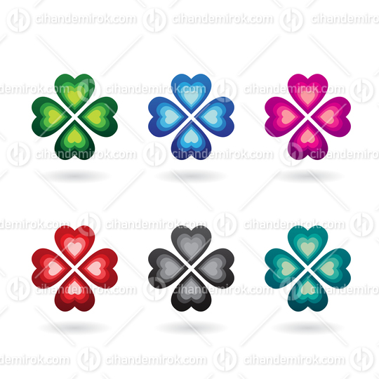 Colorful Abstract Icons of Heart Shaped Four Leaf Clovers