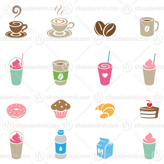 Colorful Coffee and Breakfast Icons on a White Background