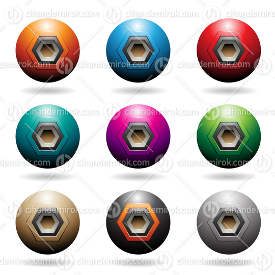 Colorful Embossed Sphere Loudspeaker Icons with Hexagon Shapes