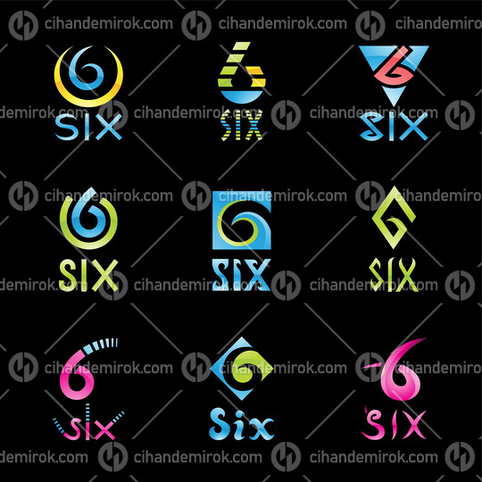 Colorful Glossy Number 6 Icons on a Black Background