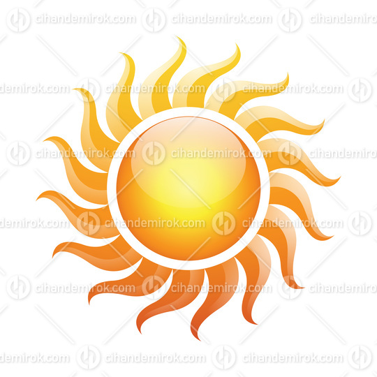 Curvy and Glossy Yellow Sun Icon with Wavy Sun Rays
