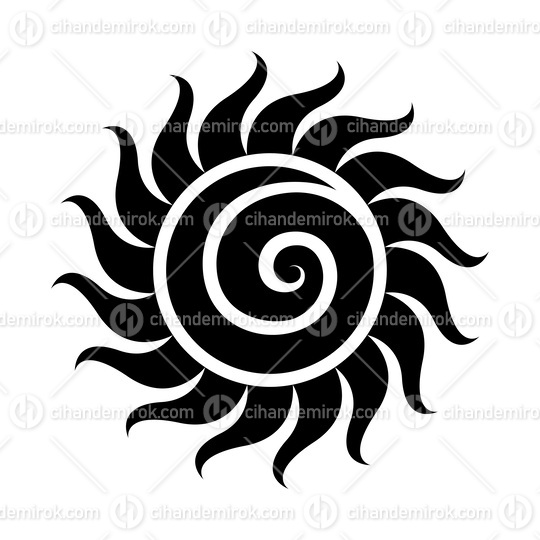 Curvy Black Sun Icon with a Spiral