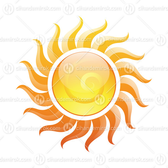 Curvy Glossy Yellow Spiral Sun Icon with Wavy Sun Rays
