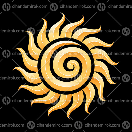 Curvy Yellow Embossed Spiral Sun Icon on Black Background