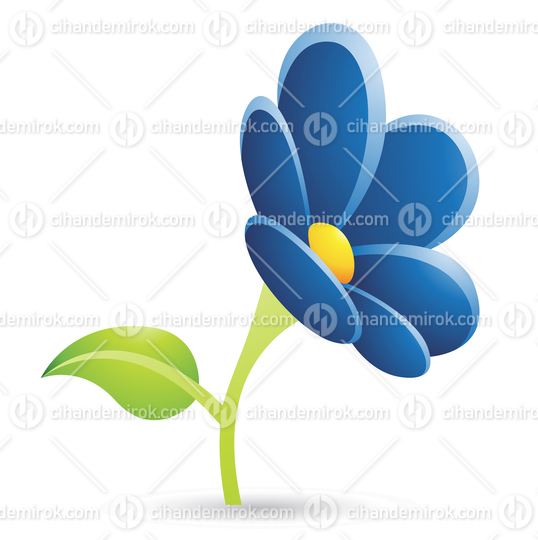 Dark Blue Flower with a Green Leaf Cartoon Icon