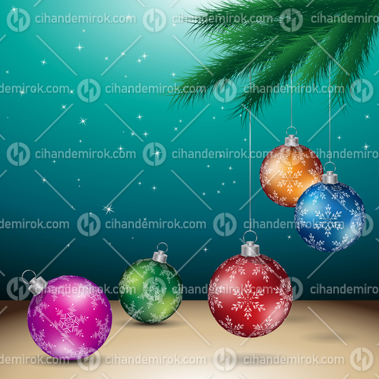 Dark Green Christmas Background with Glossy Colorful Balls