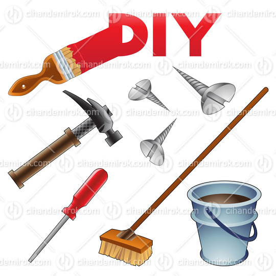 DIY Icons of Hammer, Screwdriver, Screws, Bucket, Painting Brush