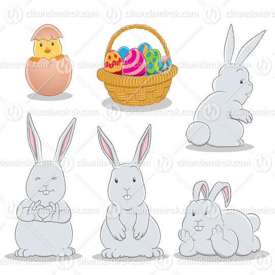 Easter Bunnies Eggs Basket and a Chick on a White Background