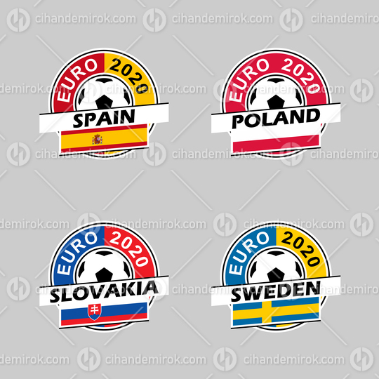 Euro 2020 Group E Country Icons with Flags of Spain, Poland, Slovakia and Sweden