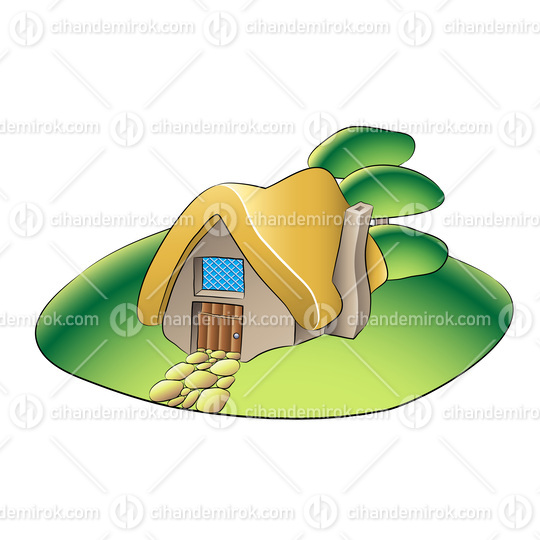 Fairytale House in a Green Garden with Stony Walkway and Trees