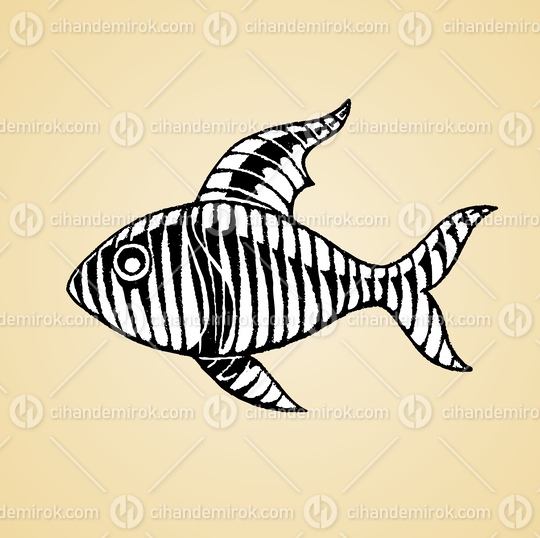 Fish, Black and White Scratchboard Engraved Vector