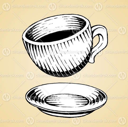 Flying Coffee Cup, Black and White Scratchboard Engraved Vector